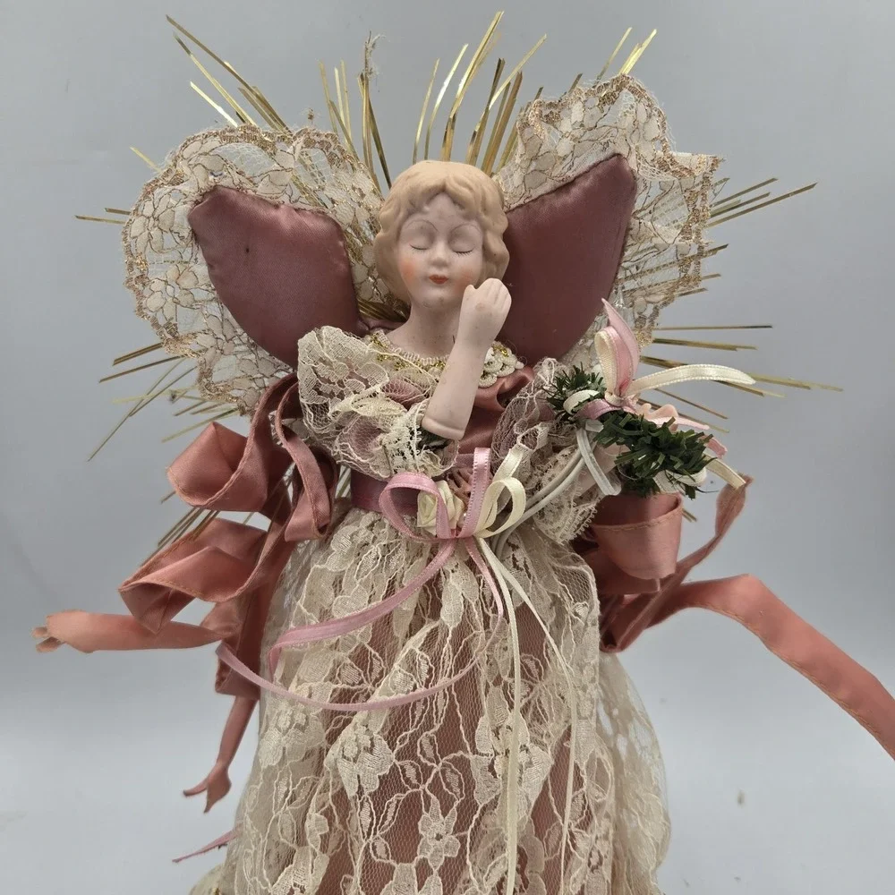 Vtg Midwest Importers Christmas Angel Tree Topper Pink Lace Porcelain Lights Up